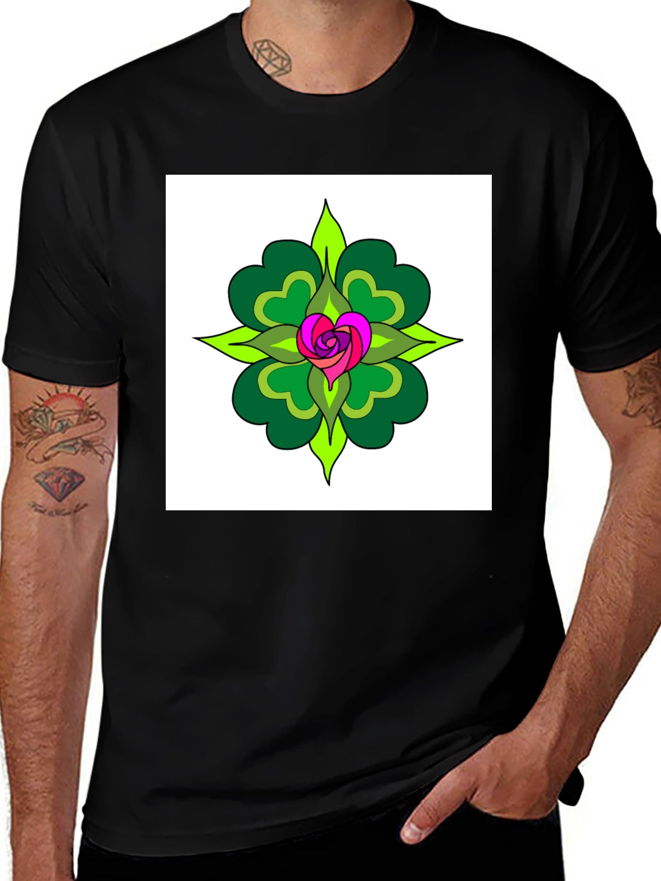 Floral Heart Mandala Black T-Shirt