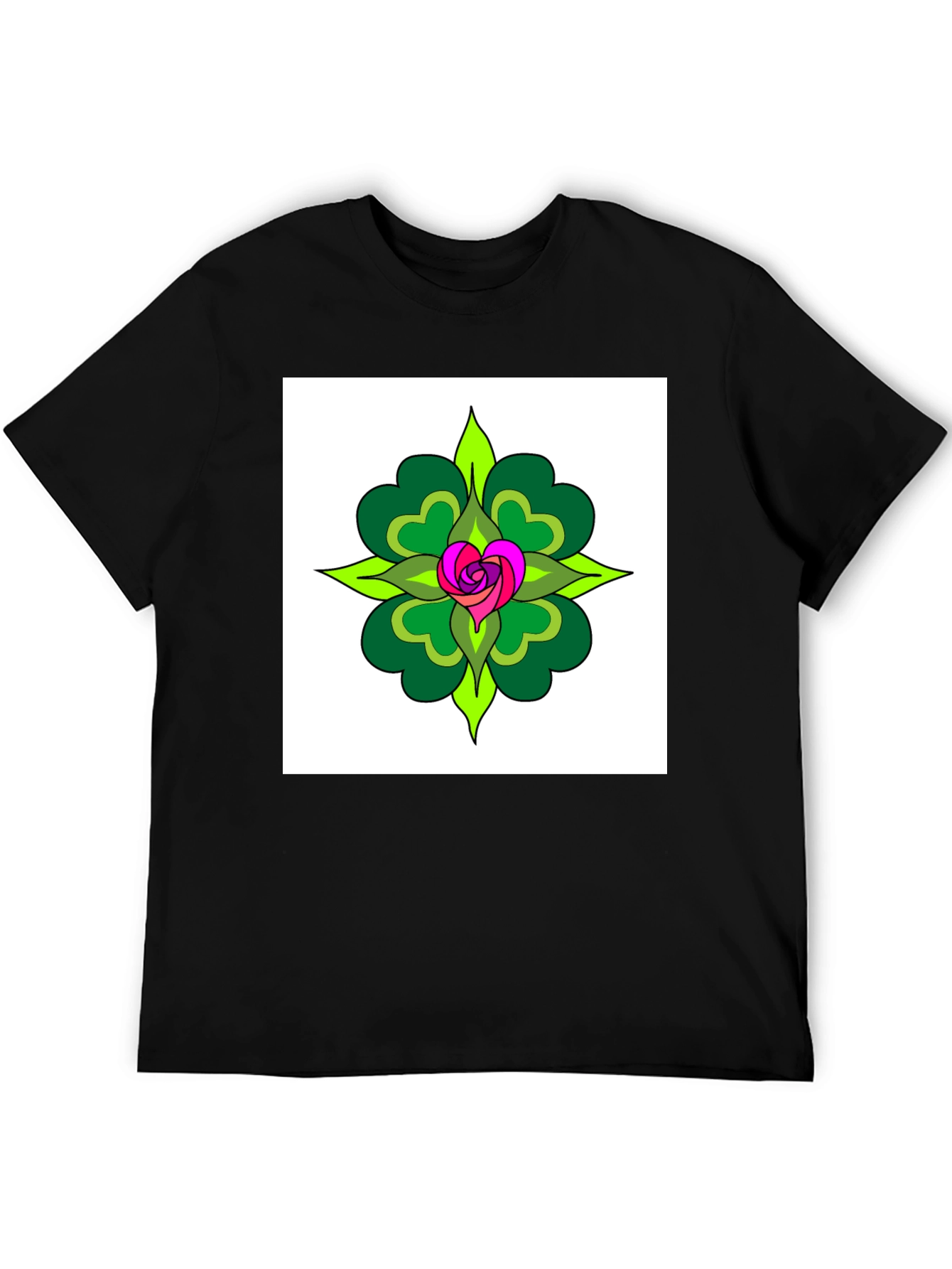 Floral Heart Mandala Black T-Shirt