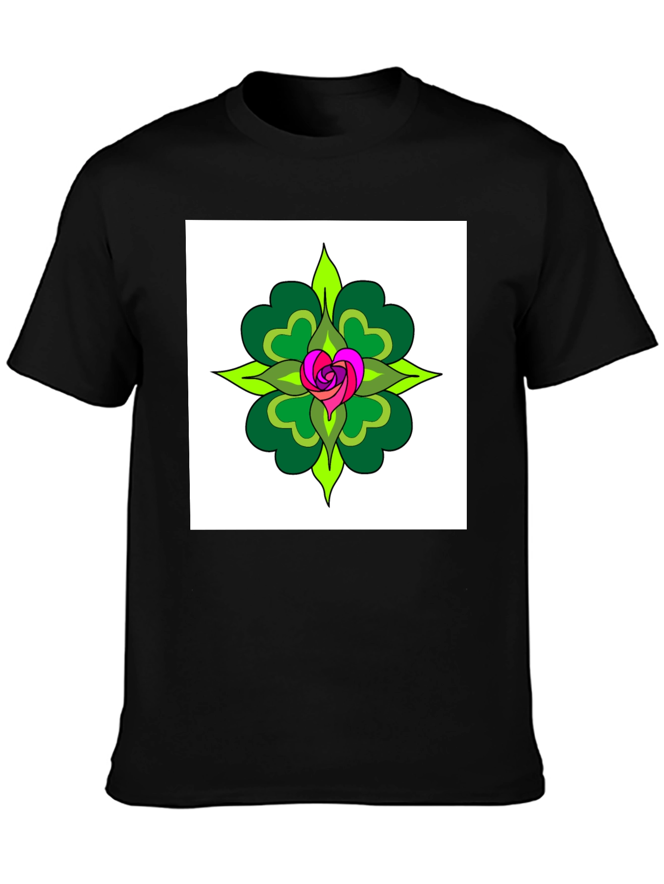 Floral Heart Mandala Black T-Shirt