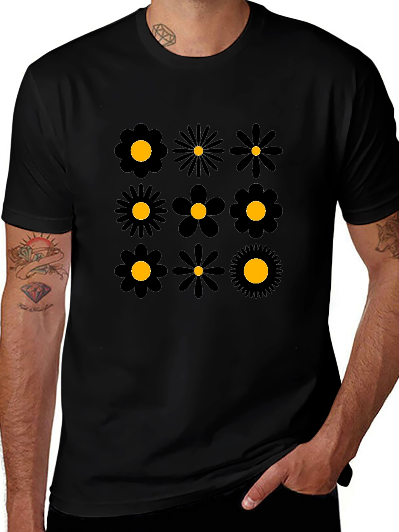 Floral Pattern Black Crew Neck T-Shirt