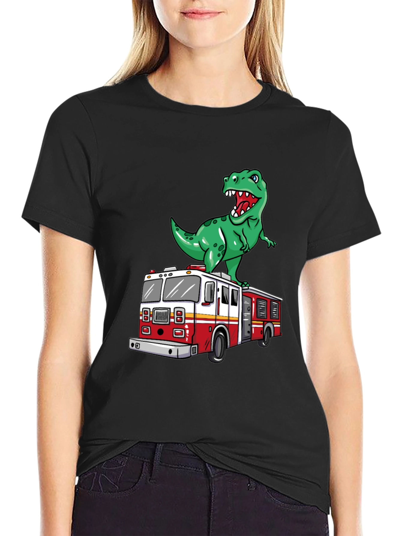 Dino Fire Truck T-Shirt - Fun Cartoon Graphic Tee