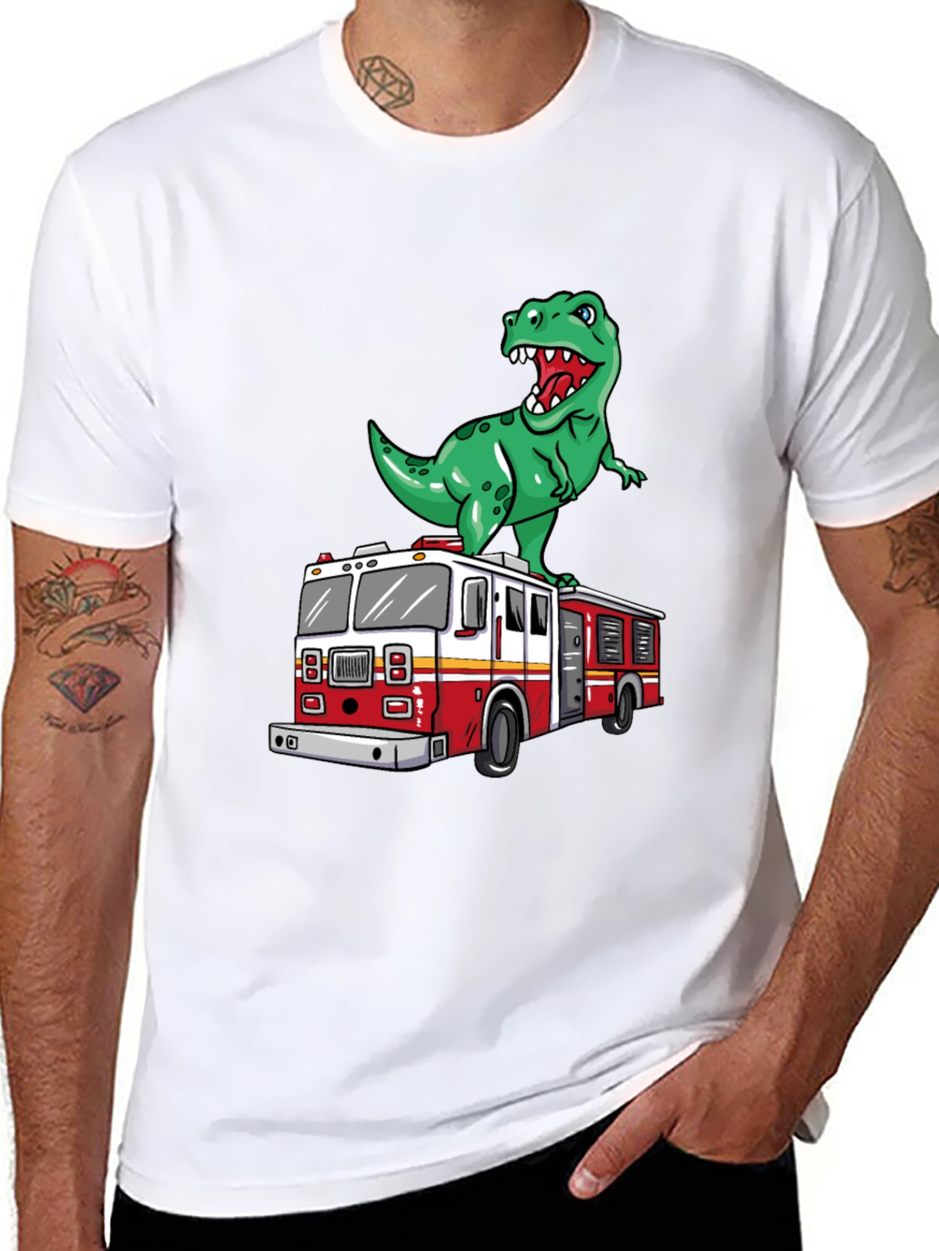 Dino Fire Truck T-Shirt - Fun Cartoon Graphic Tee