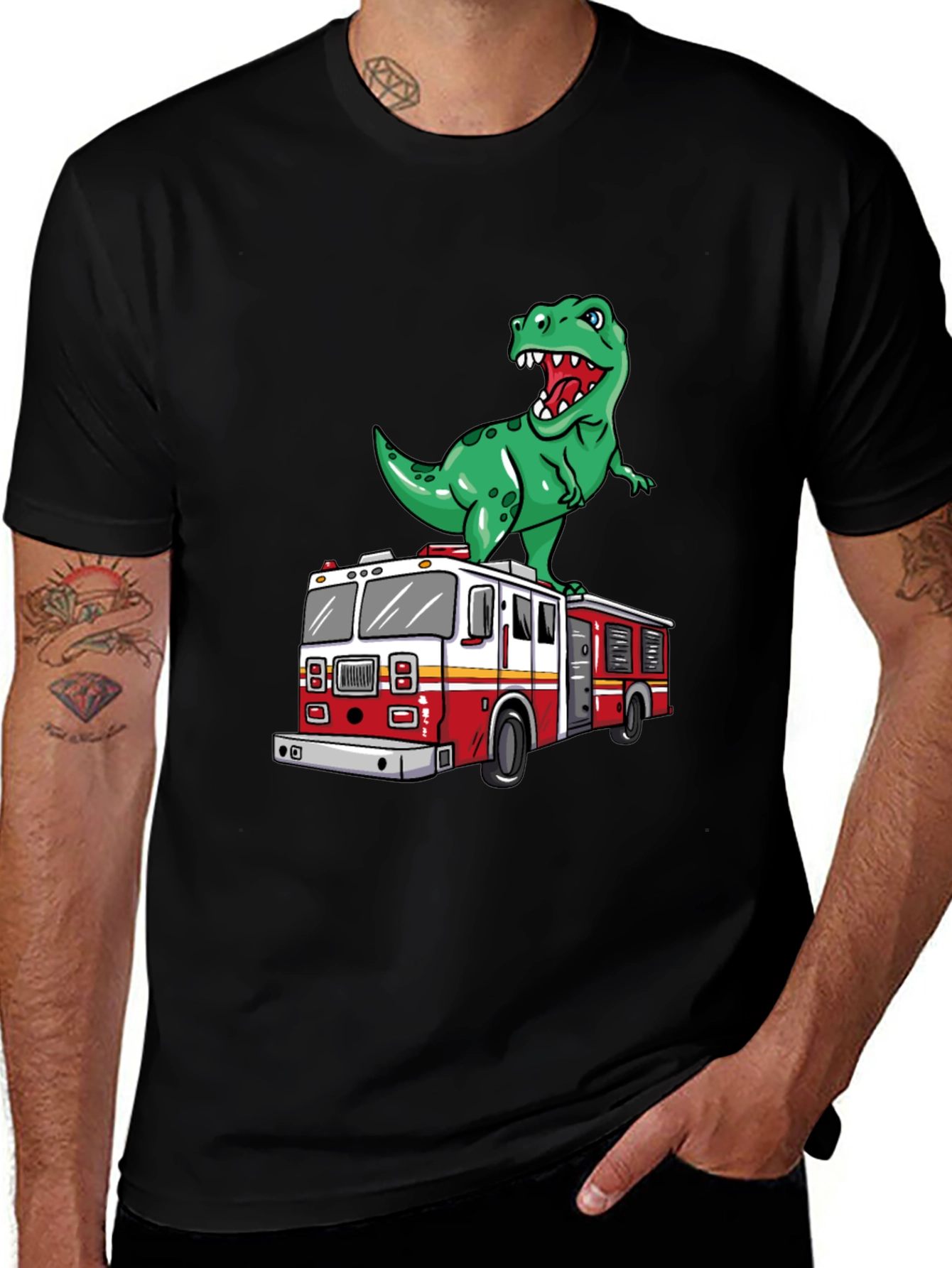 Dino Fire Truck T-Shirt - Fun Cartoon Graphic Tee