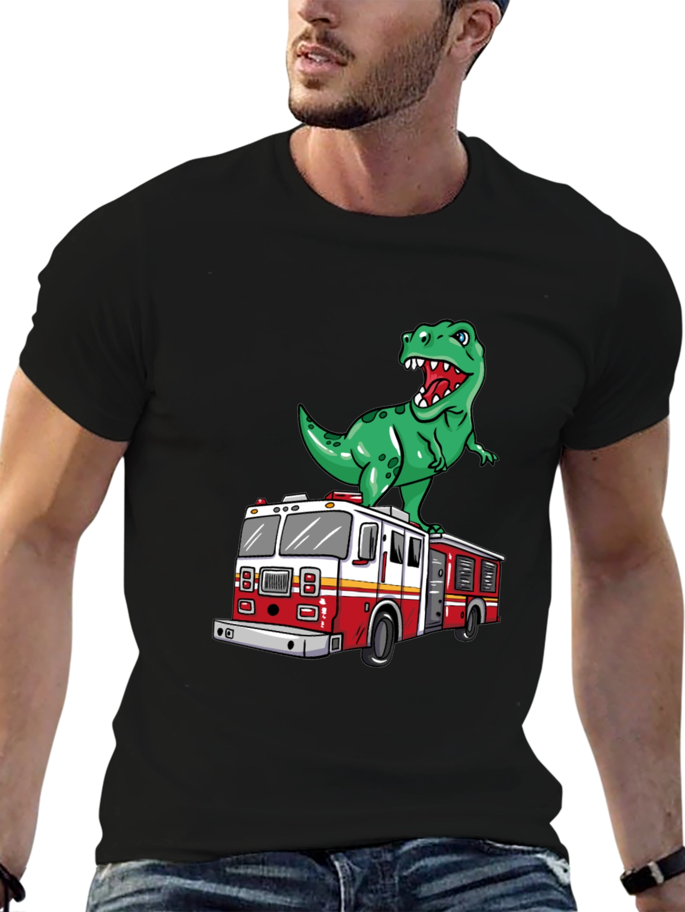 Dino Fire Truck T-Shirt - Fun Cartoon Graphic Tee