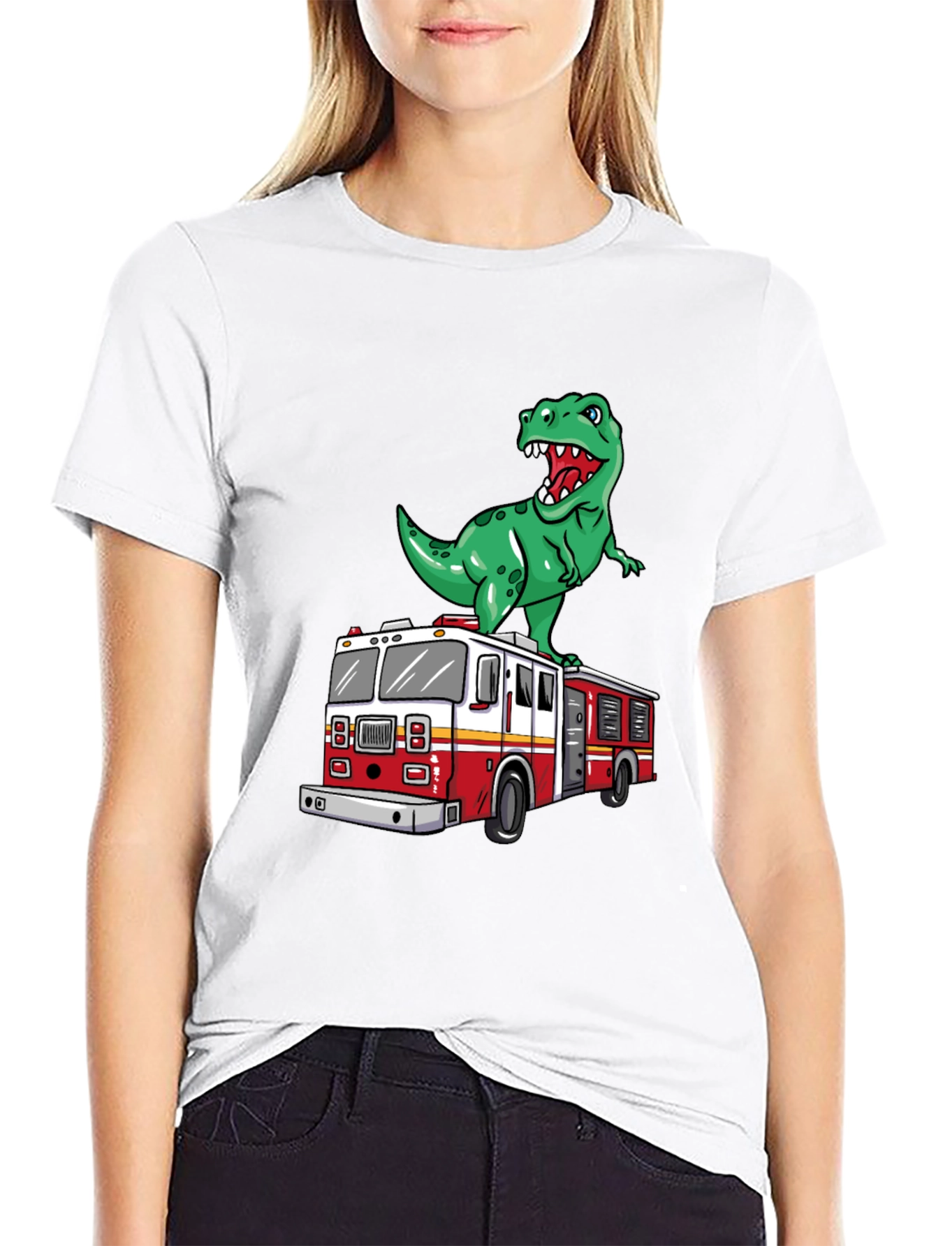 Dino Fire Truck T-Shirt - Fun Cartoon Graphic Tee