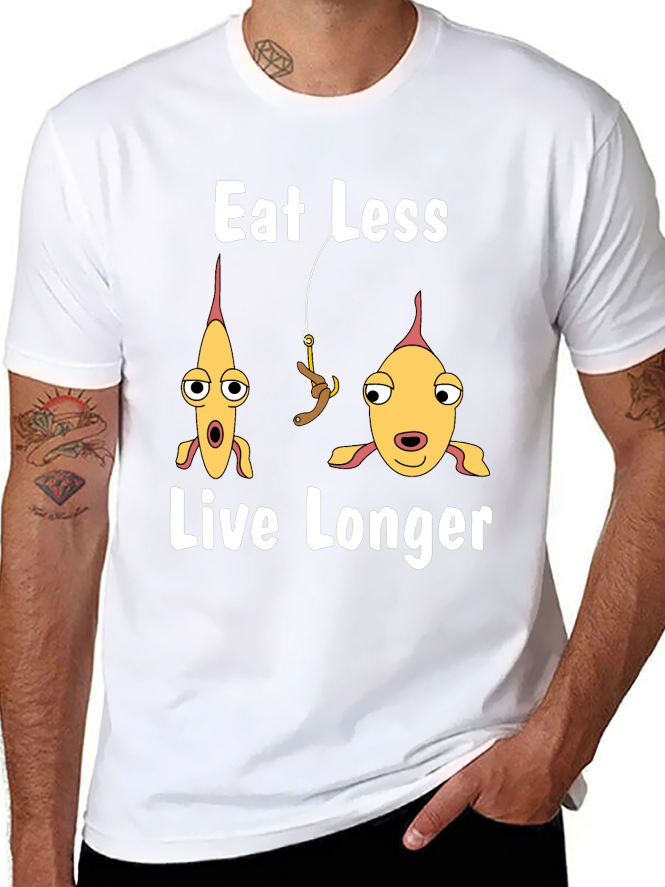 Eat Less Live Longer Funny Fish Graphic T-Shirt