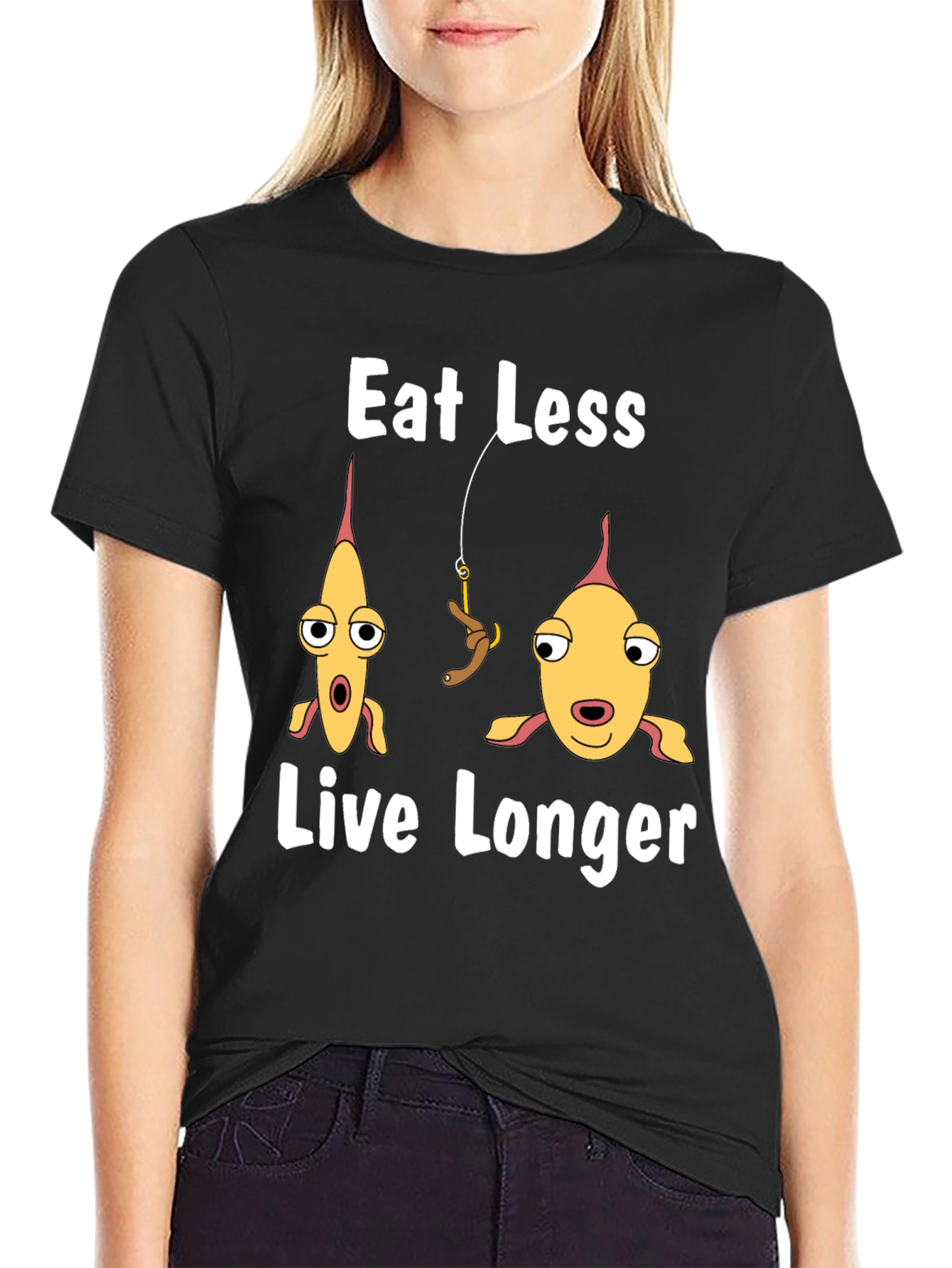 Eat Less Live Longer Funny Fish Graphic T-Shirt