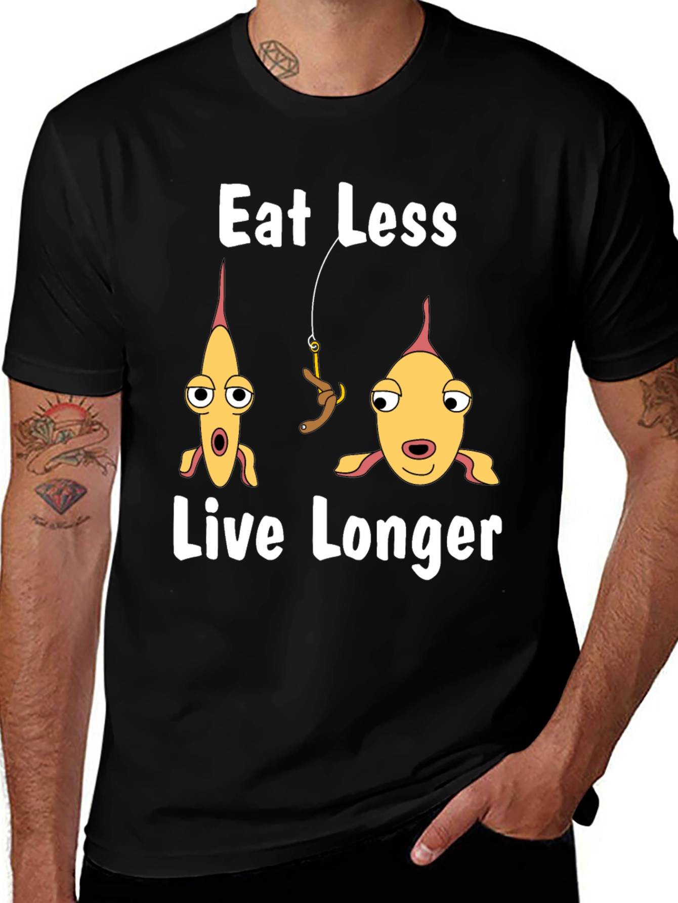 Eat Less Live Longer Funny Fish Graphic T-Shirt