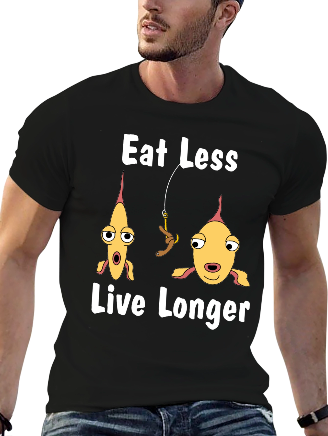 Eat Less Live Longer Funny Fish Graphic T-Shirt