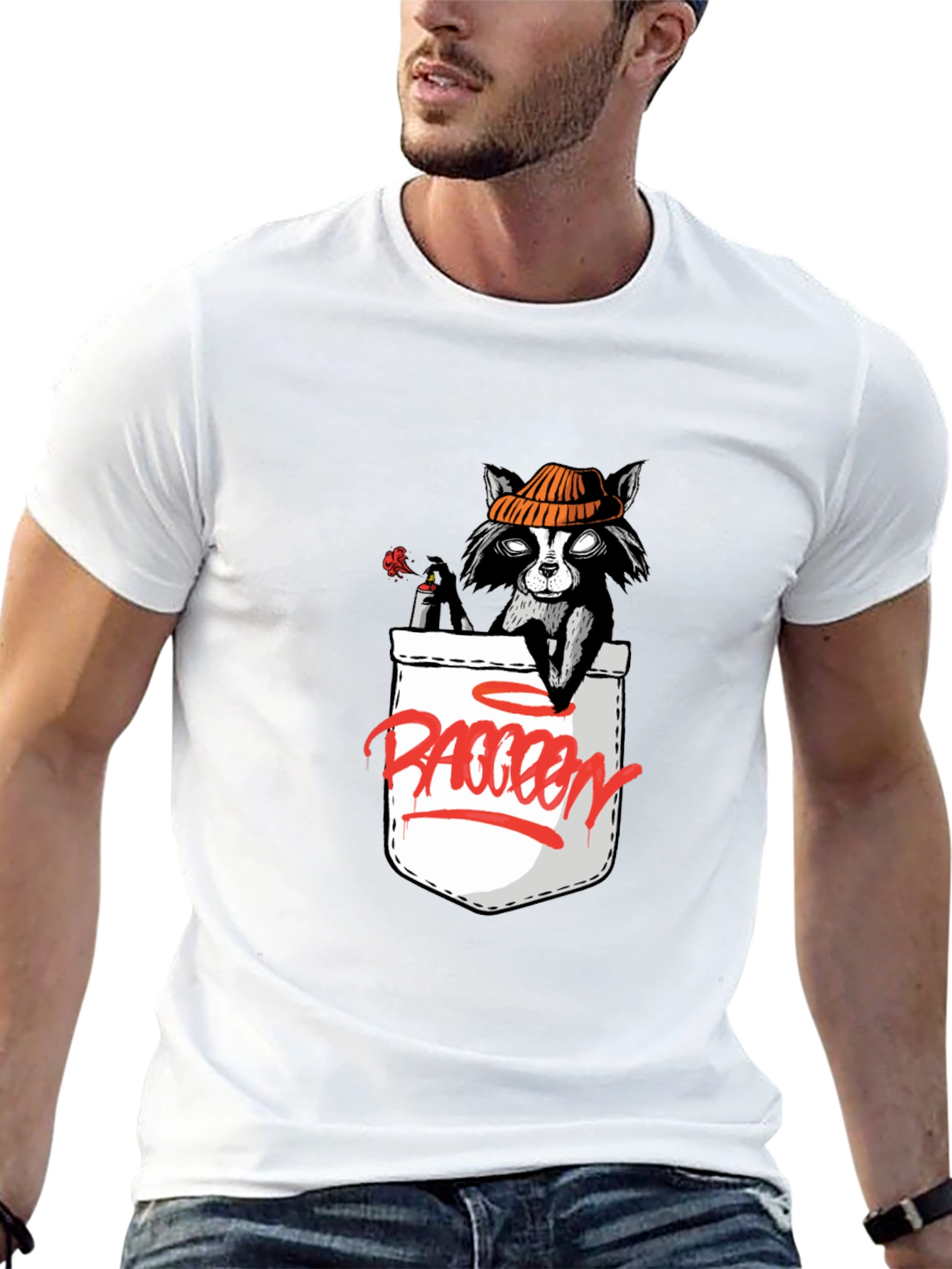 Cool Raccoon Pocket Graphic T-Shirt