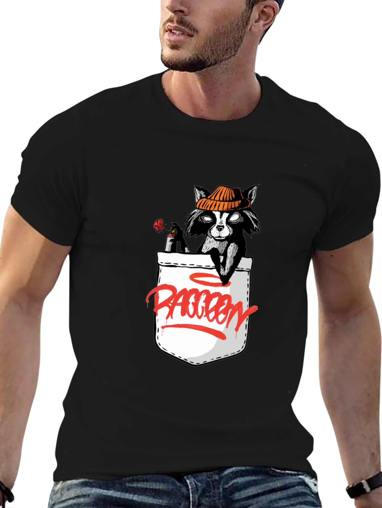 Cool Raccoon Pocket Graphic T-Shirt