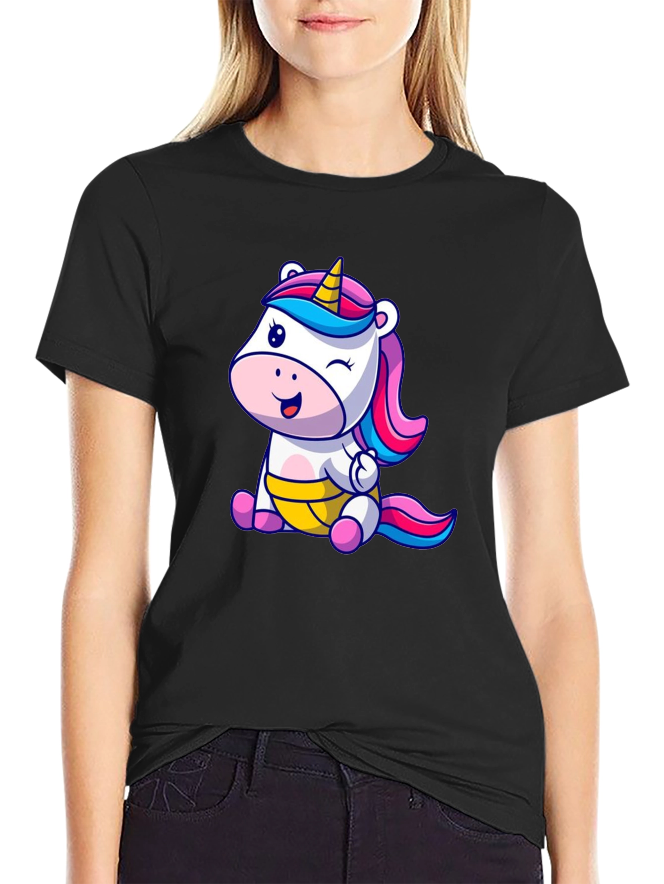 Unicorn Cartoon Graphic Black T-Shirt
