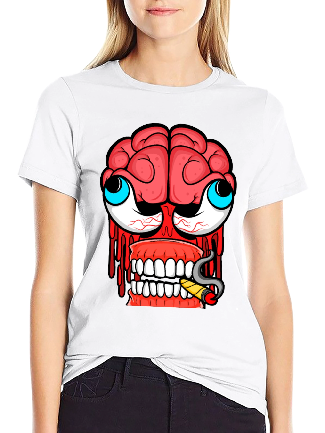 Cartoon Brain Face Black T-Shirt