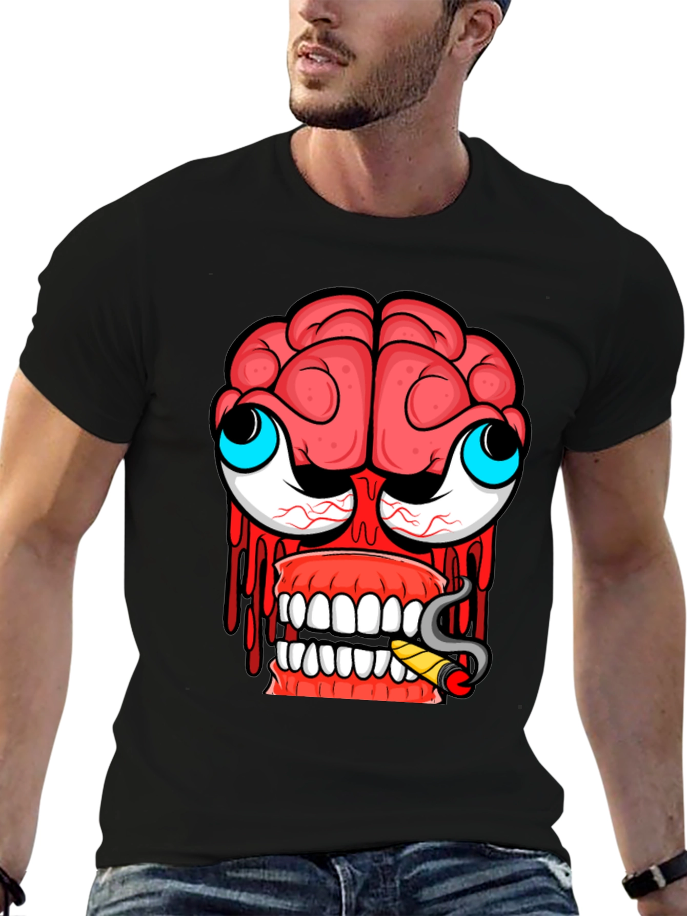 Cartoon Brain Face Black T-Shirt