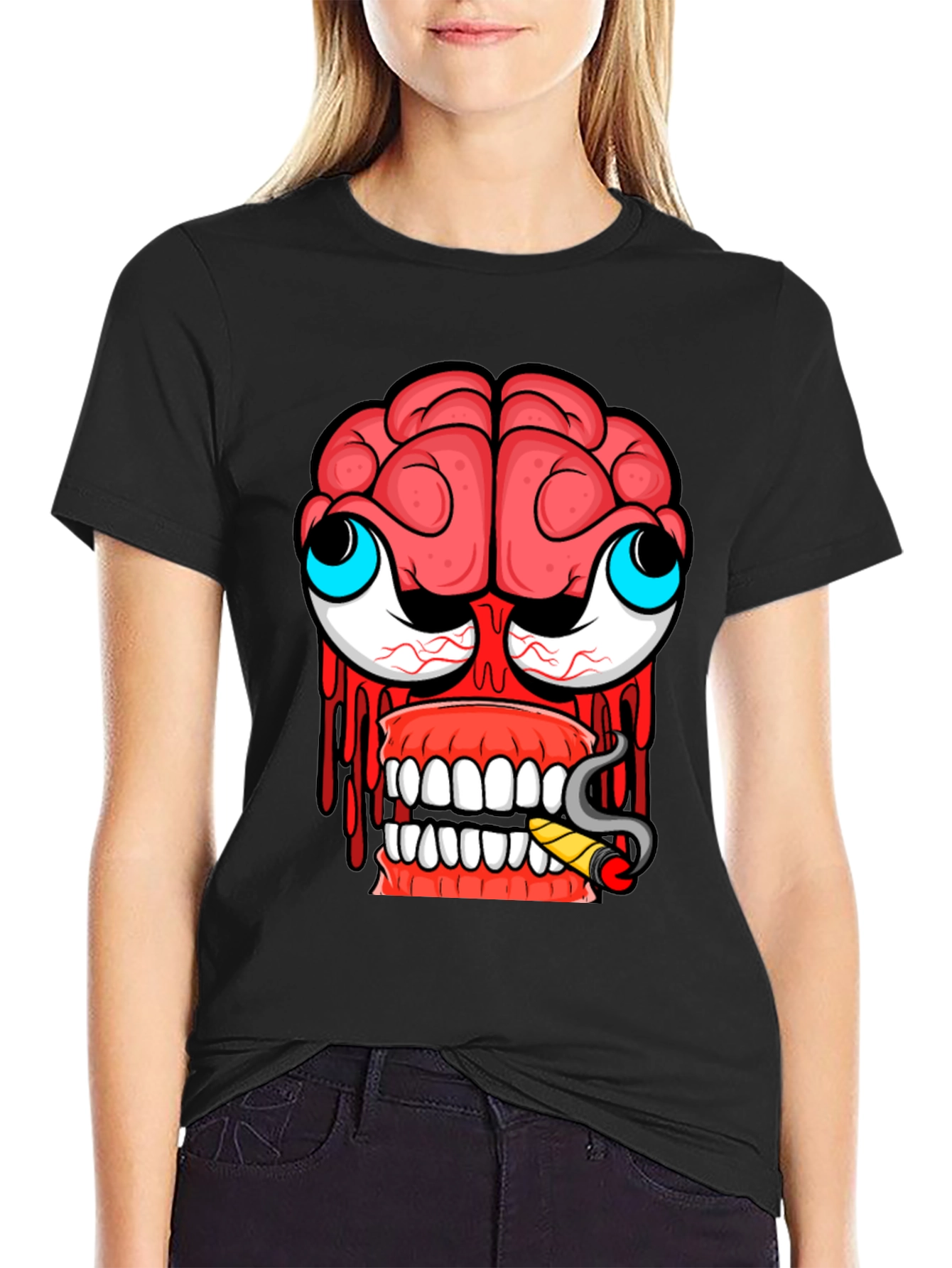 Cartoon Brain Face Black T-Shirt