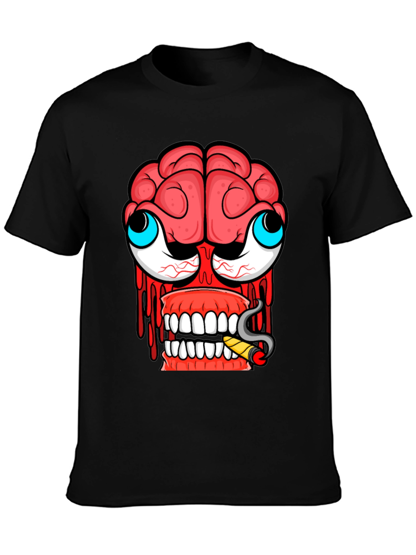 Cartoon Brain Face Black T-Shirt