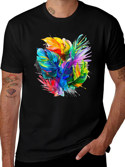 Colorful Tropical Leaves Graphic Black T-Shirt