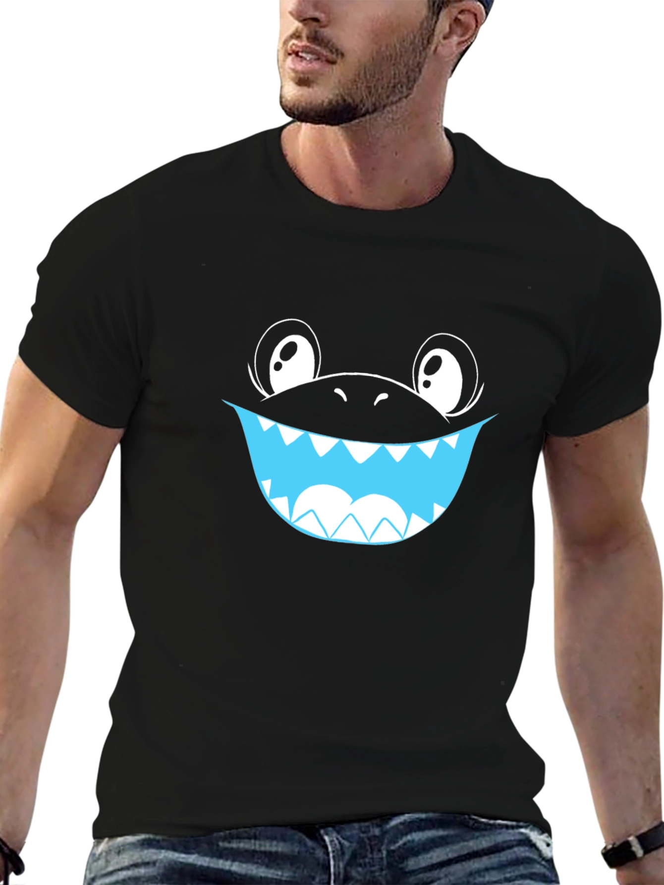 Cartoon Shark Smile Black T-Shirt