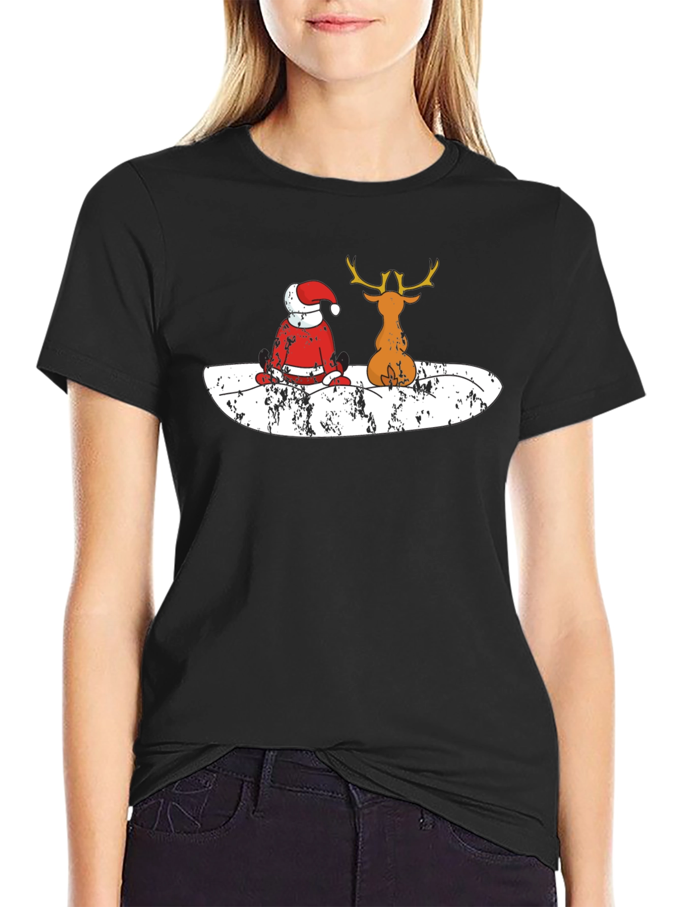 Santa and Reindeer Black T-Shirt