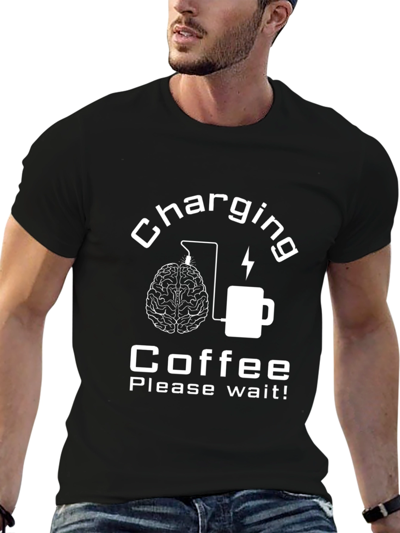 Charging Coffee Please Wait Black Graphic Tee