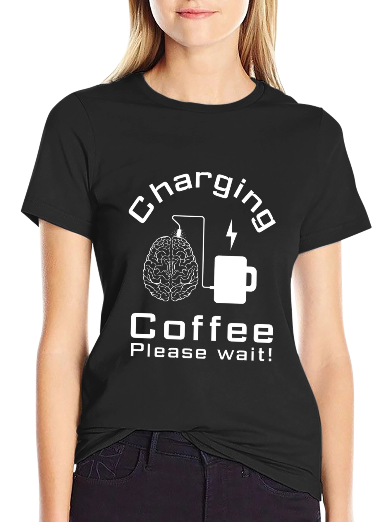 Charging Coffee Please Wait Black Graphic Tee