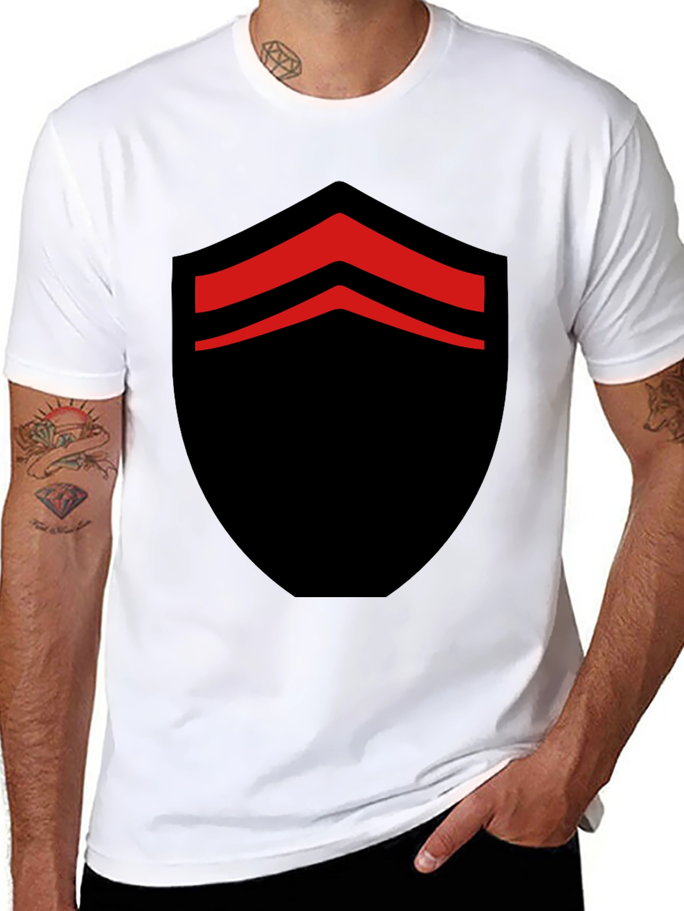Bold Black T-Shirt with Red Chevron Design