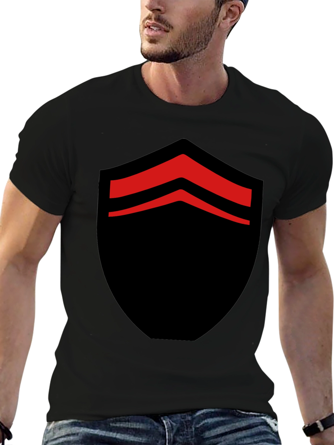 Bold Black T-Shirt with Red Chevron Design