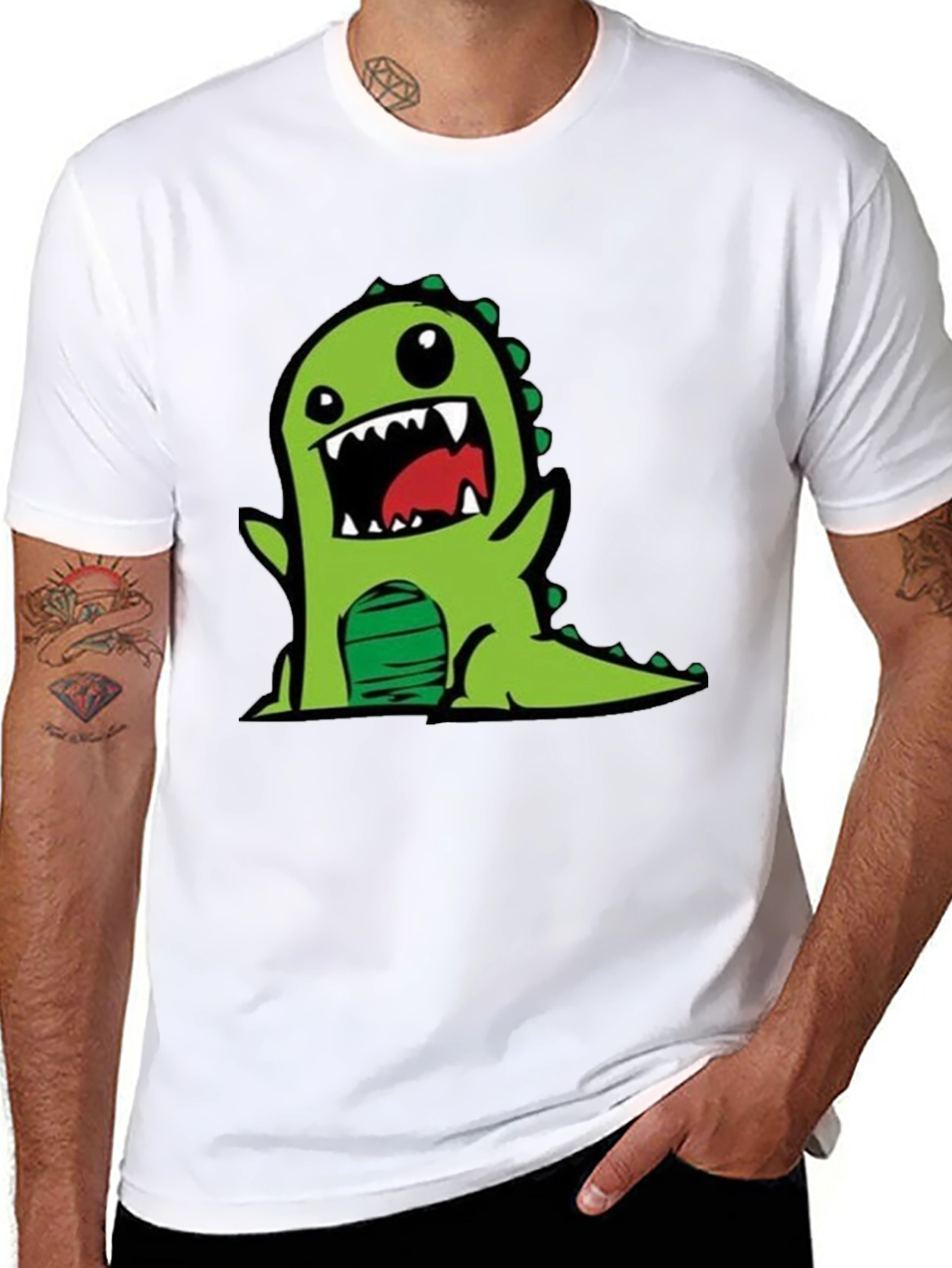 Cartoon Dinosaur Graphic Tee - Black Cotton T-Shirt