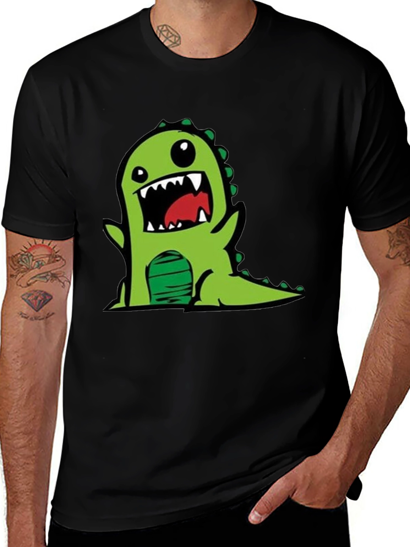 Cartoon Dinosaur Graphic Tee - Black Cotton T-Shirt