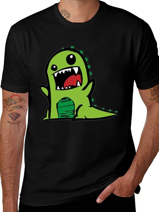 Cartoon Dinosaur Graphic Tee - Black Cotton T-Shirt