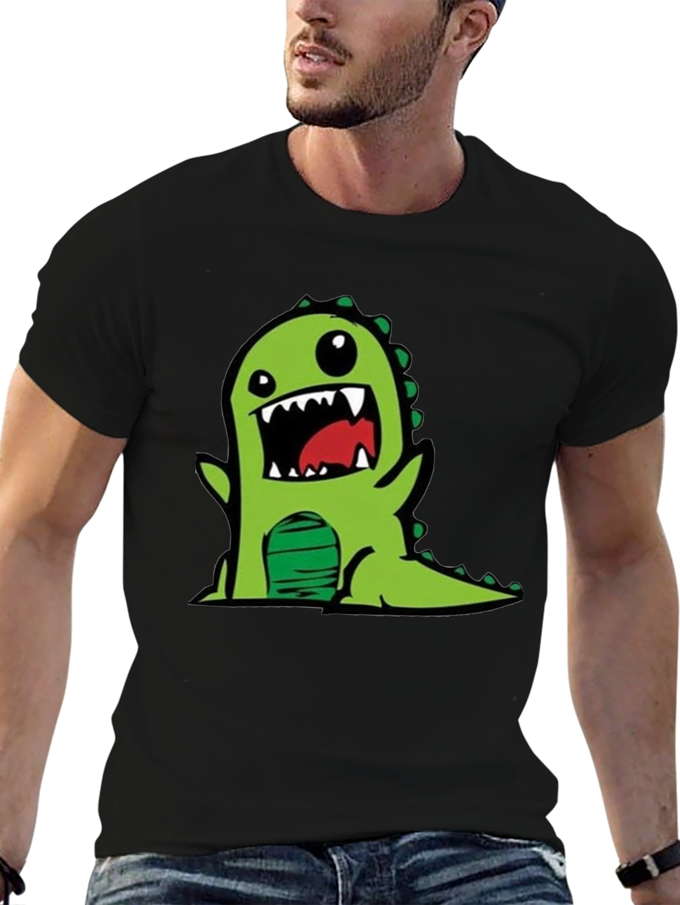 Cartoon Dinosaur Graphic Tee - Black Cotton T-Shirt
