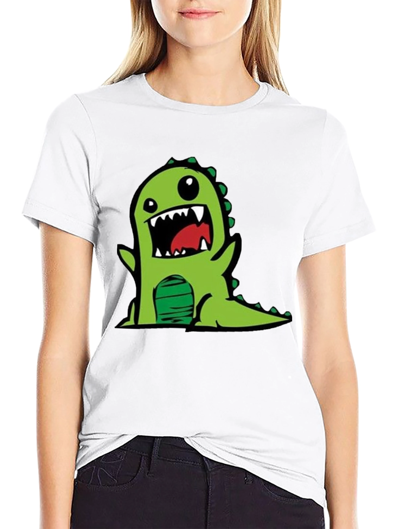 Cartoon Dinosaur Graphic Tee - Black Cotton T-Shirt