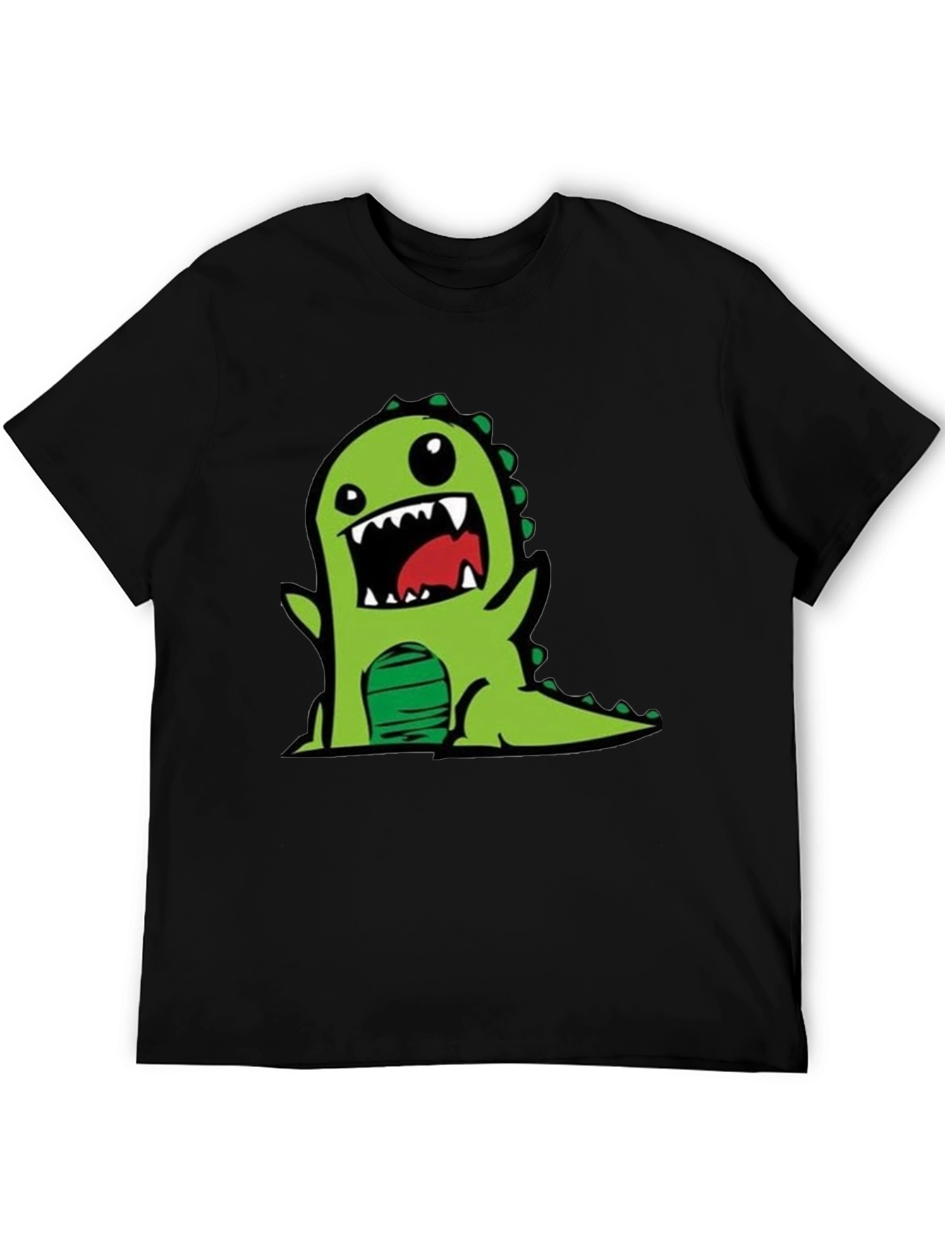 Cartoon Dinosaur Graphic Tee - Black Cotton T-Shirt