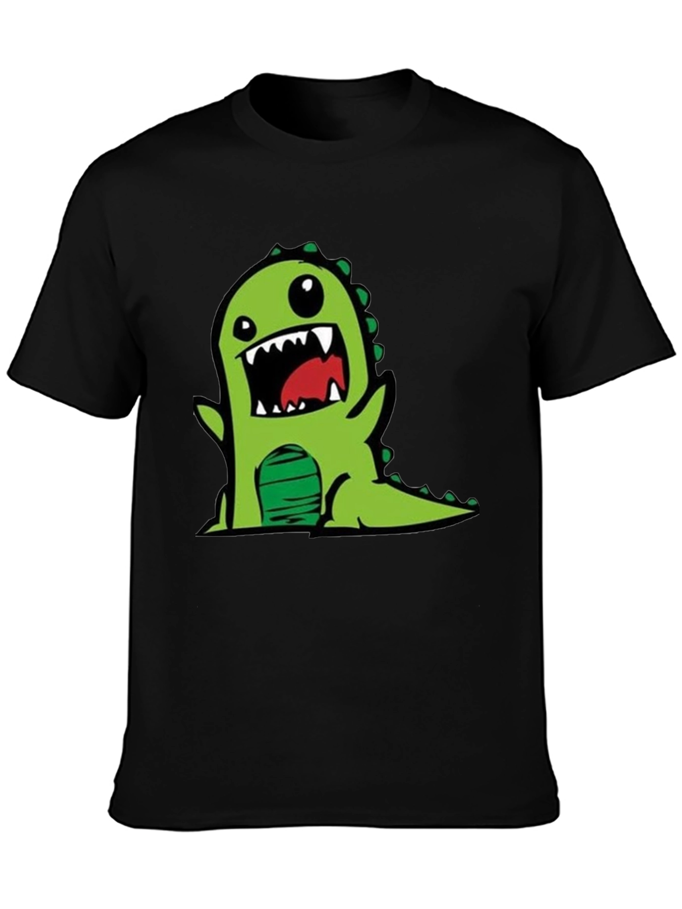 Cartoon Dinosaur Graphic Tee - Black Cotton T-Shirt