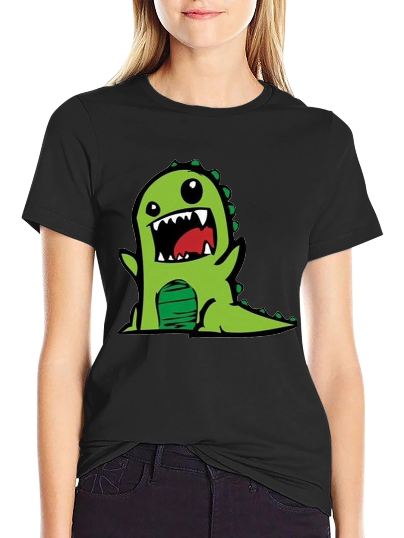 Cartoon Dinosaur Graphic Tee - Black Cotton T-Shirt
