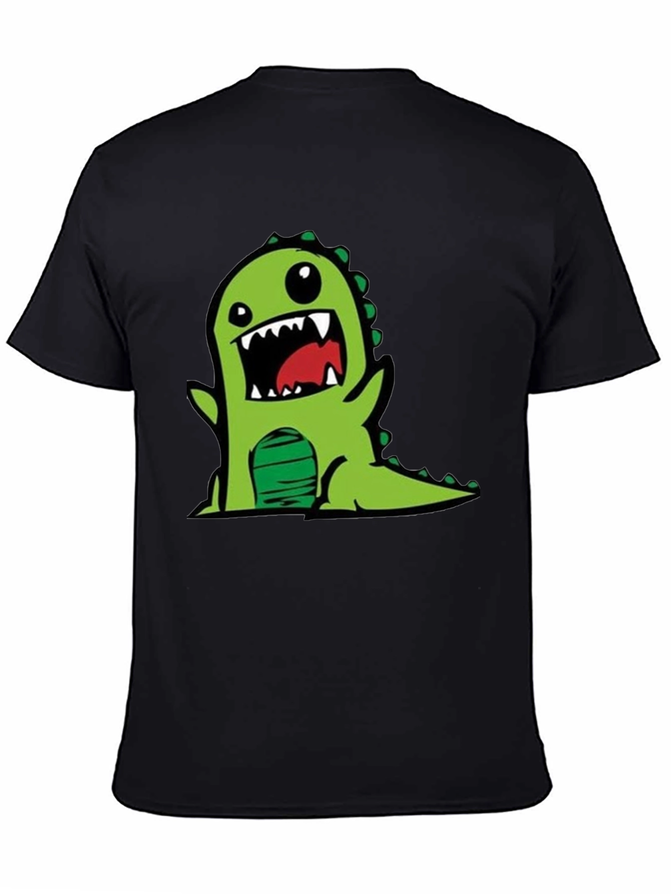 Cartoon Dinosaur Graphic Tee - Black Cotton T-Shirt