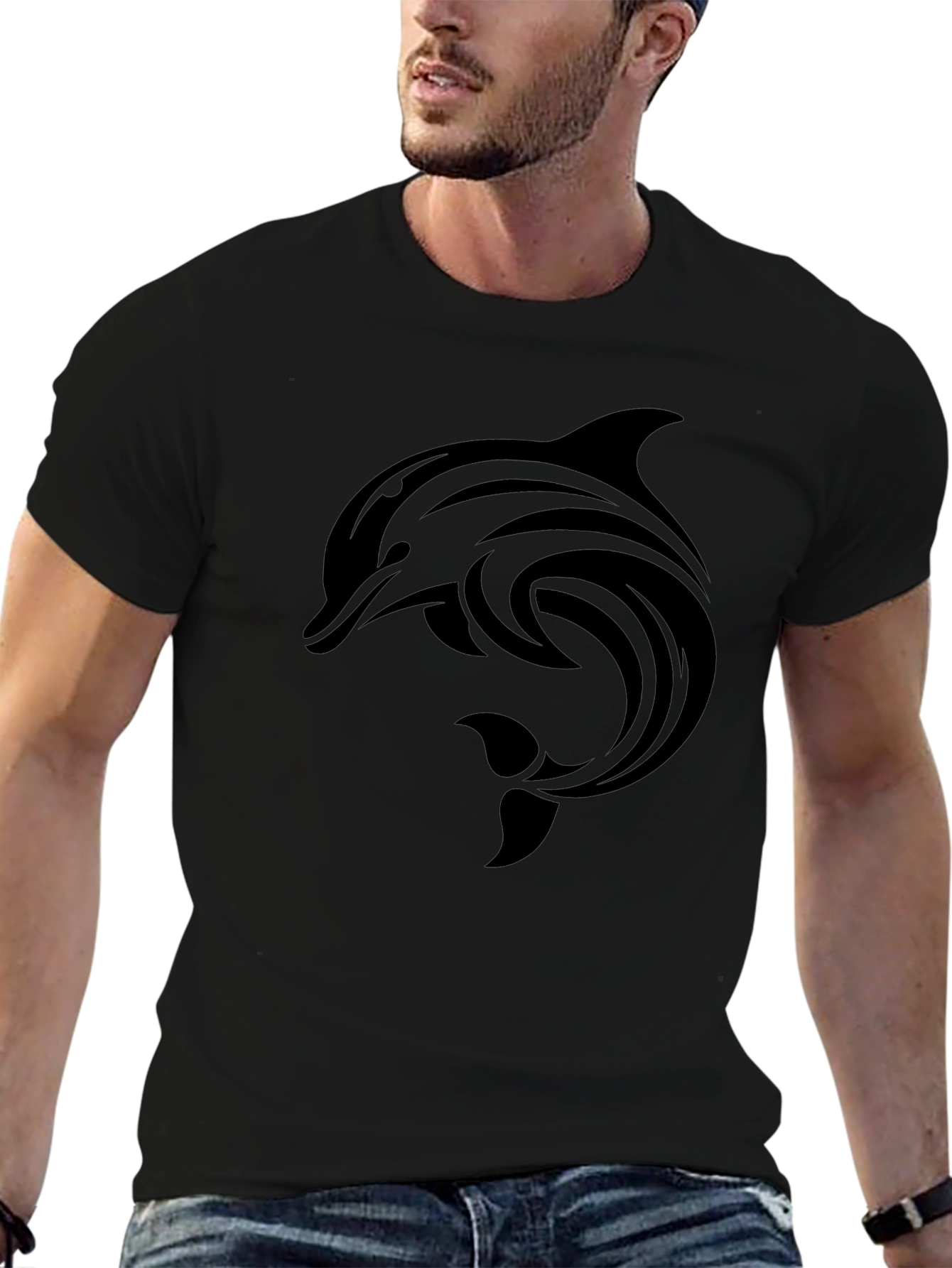 Mens Black Dolphin Graphic Tee - Tribal Design