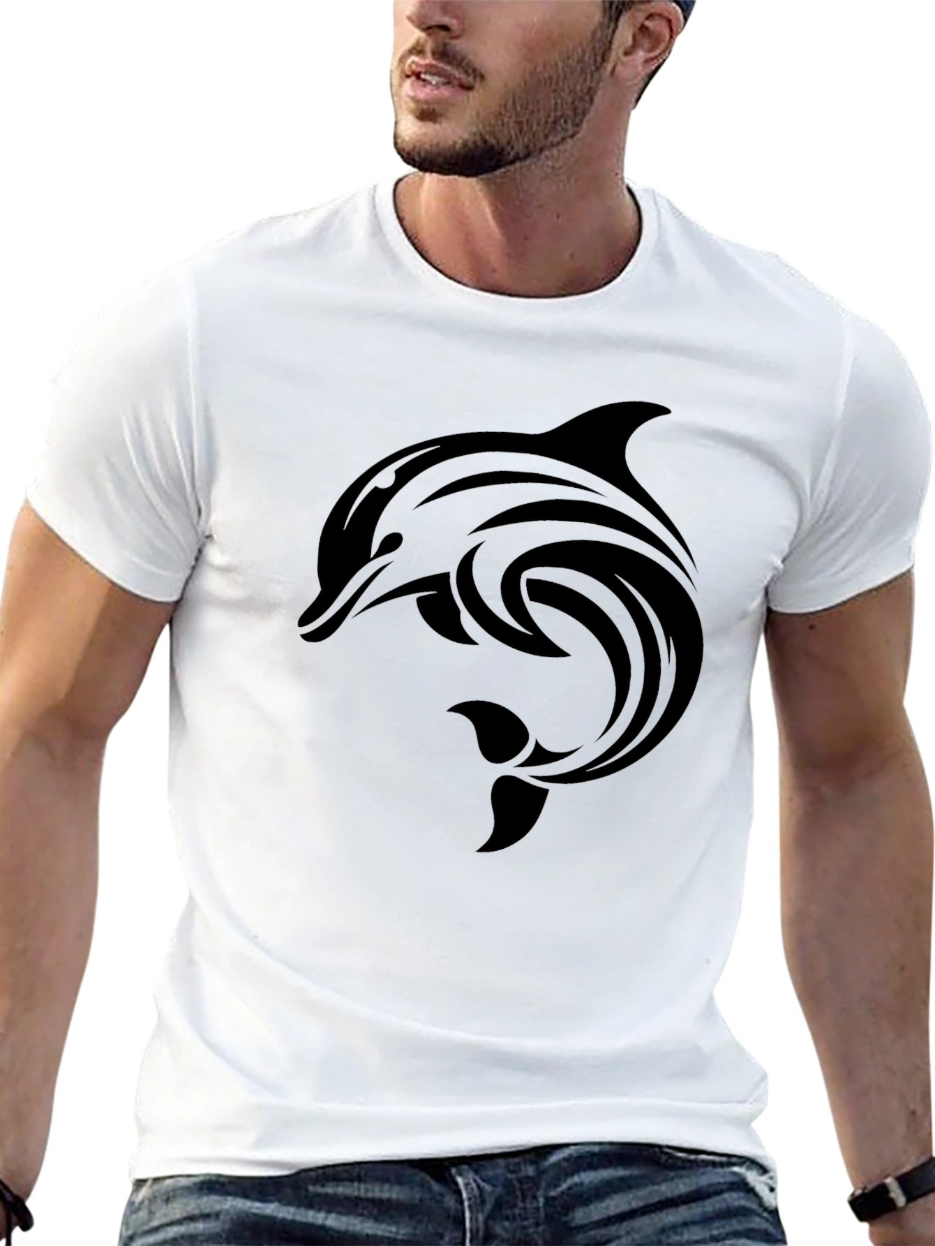 Mens Black Dolphin Graphic Tee - Tribal Design