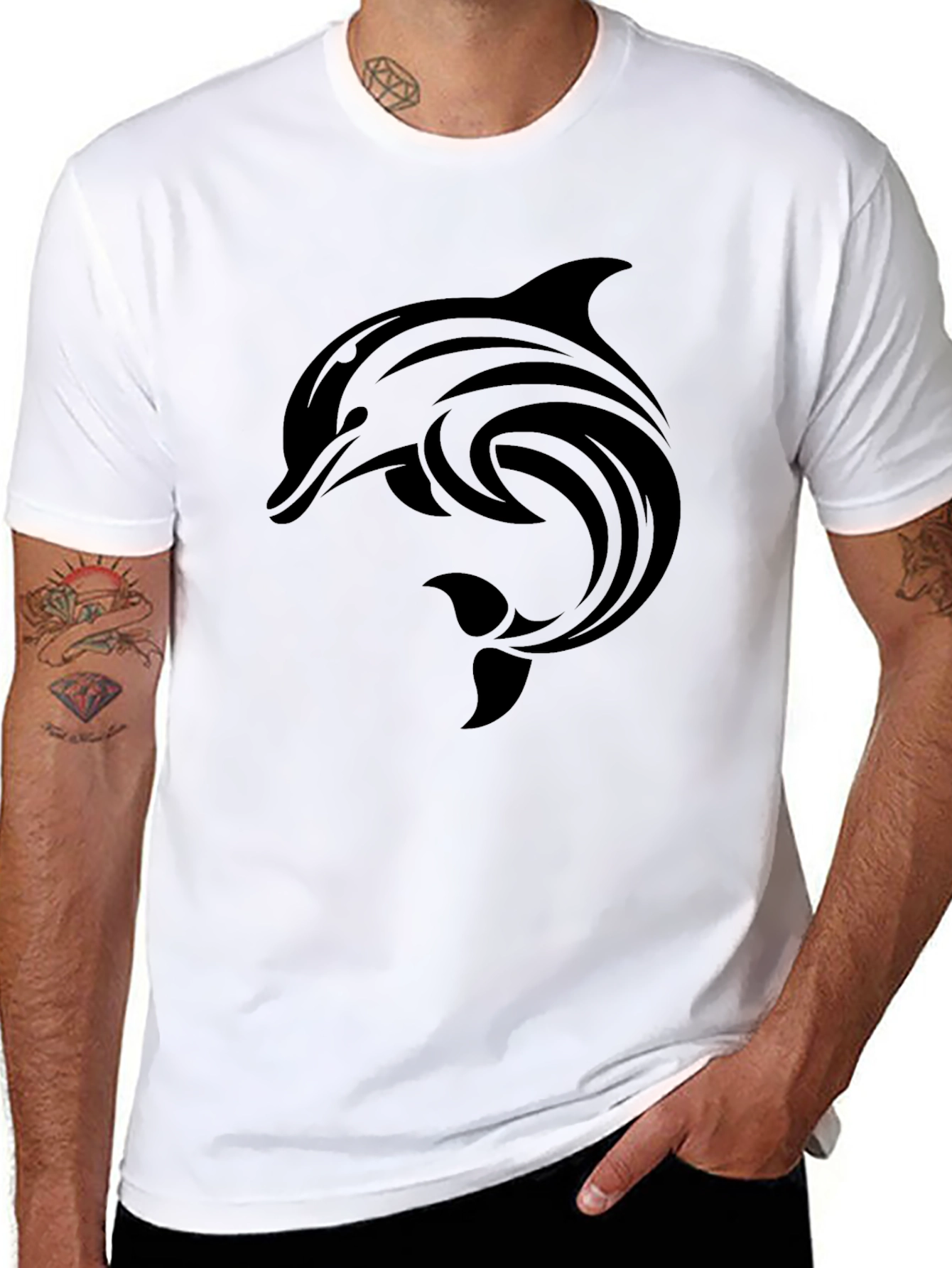 Mens Black Dolphin Graphic Tee - Tribal Design