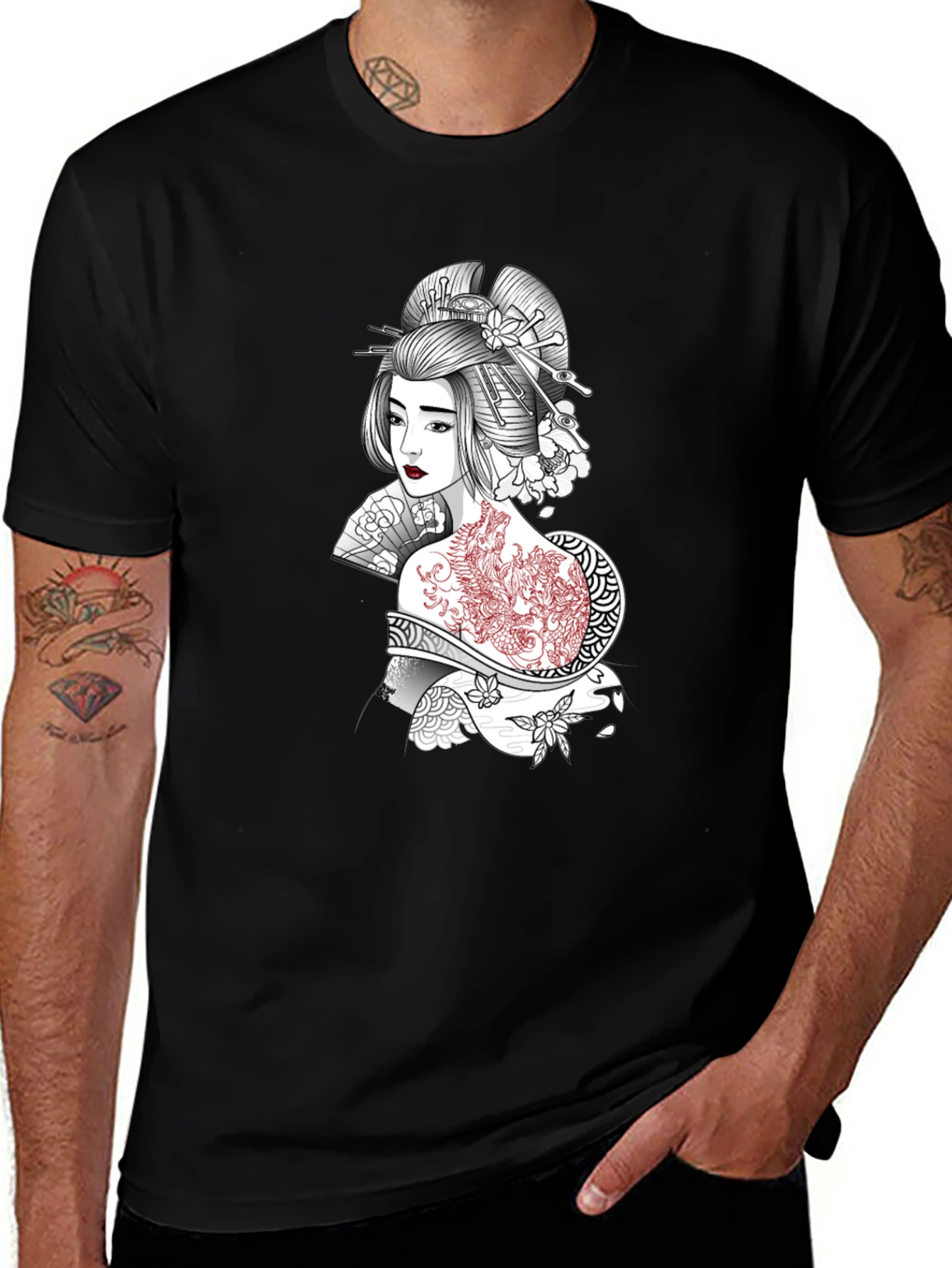 Geisha Art Graphic T-Shirt - Black