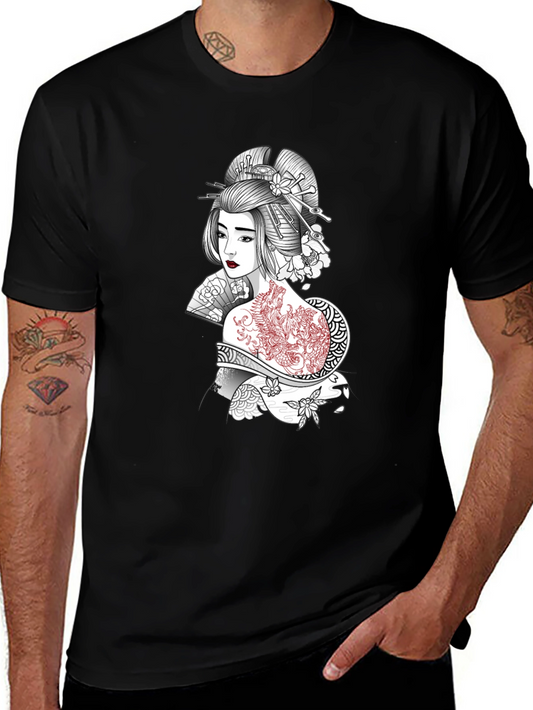 Geisha Art Graphic T-Shirt - Black