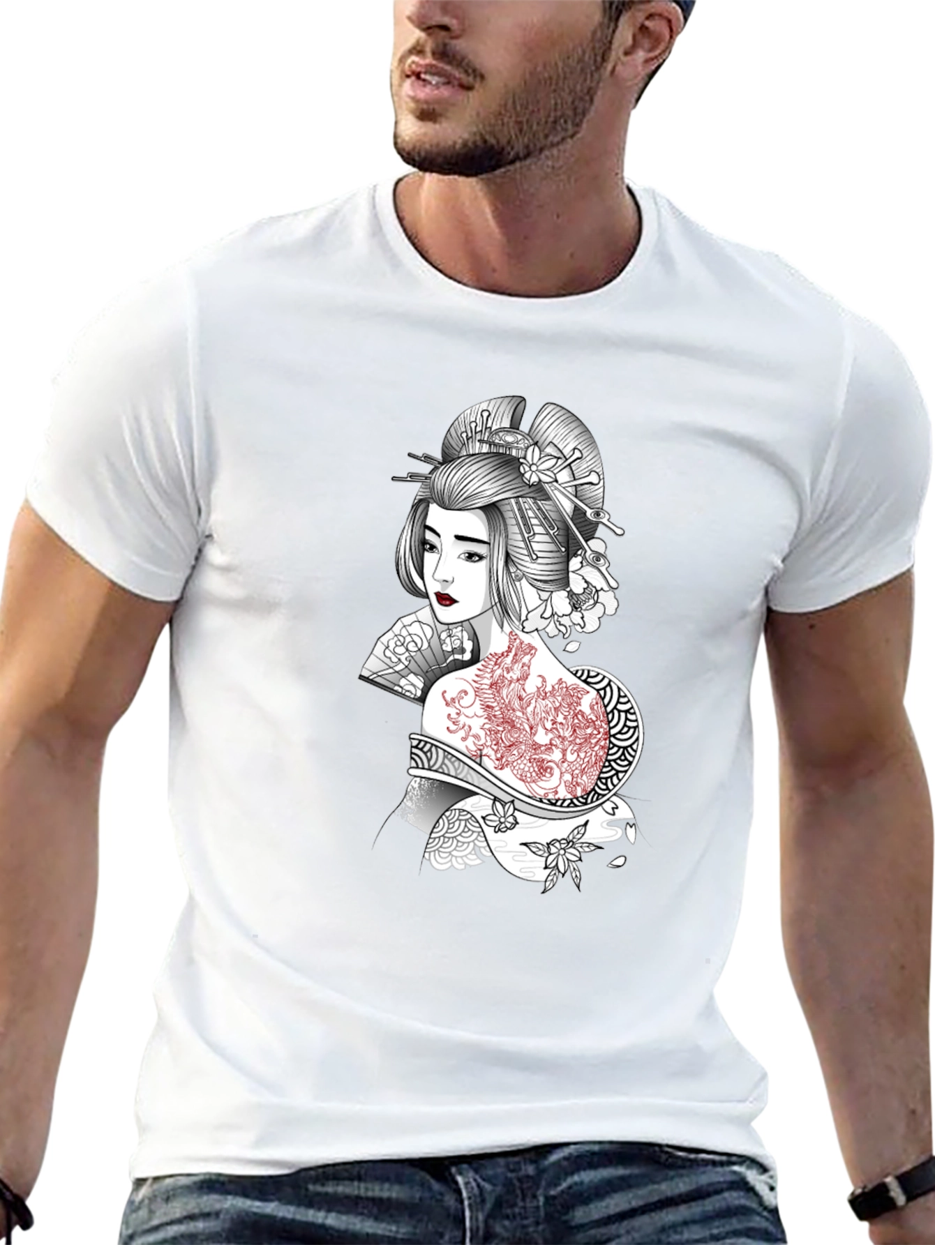 Geisha Art Graphic T-Shirt - Black