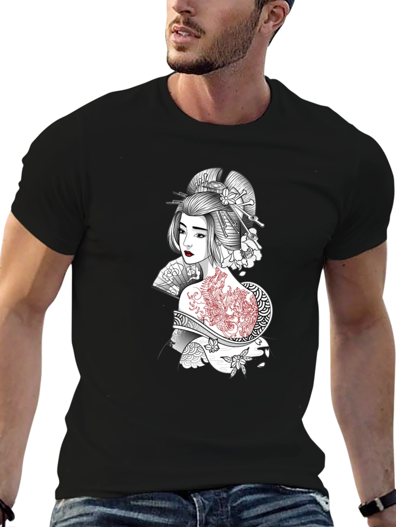 Geisha Art Graphic T-Shirt - Black