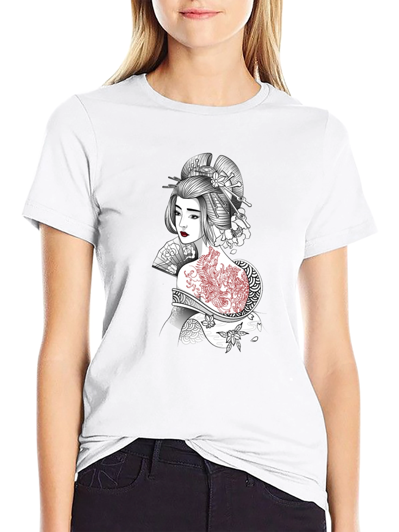 Geisha Art Graphic T-Shirt - Black