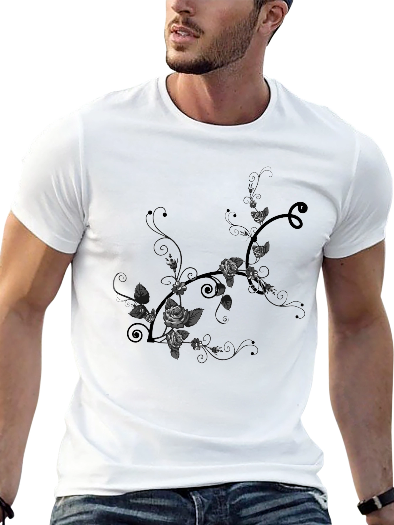 Floral Rose Vine Graphic Tee - Black