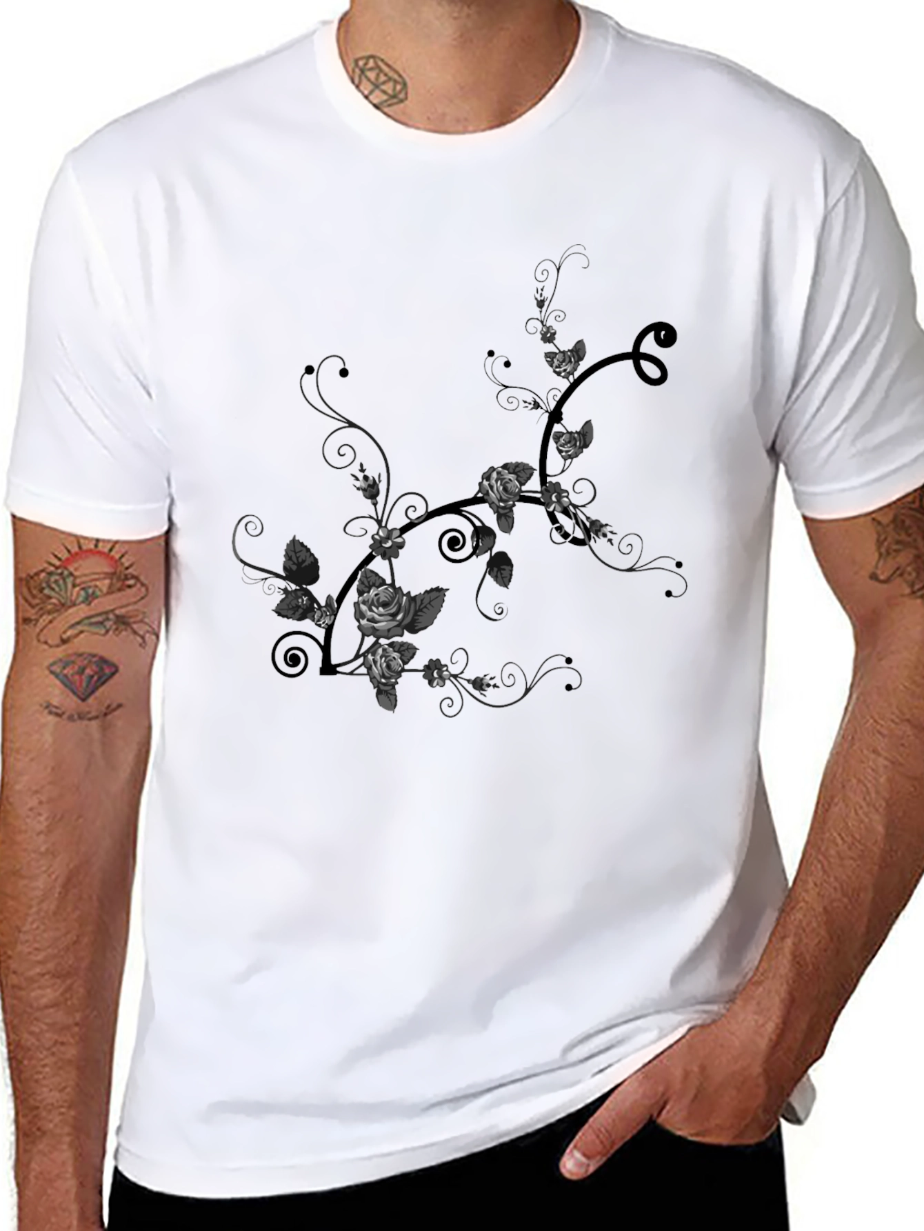 Floral Rose Vine Graphic Tee - Black