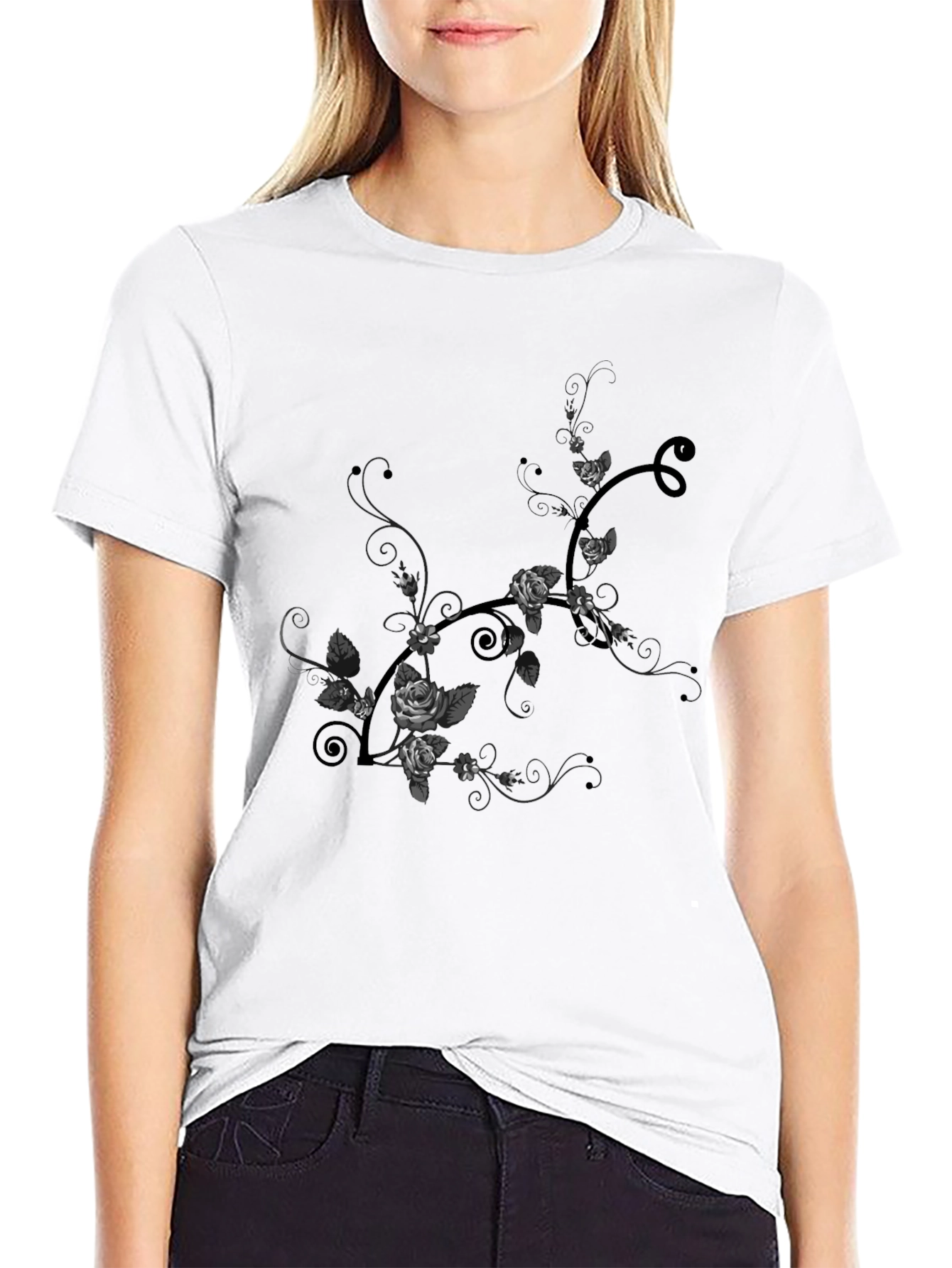Floral Rose Vine Graphic Tee - Black
