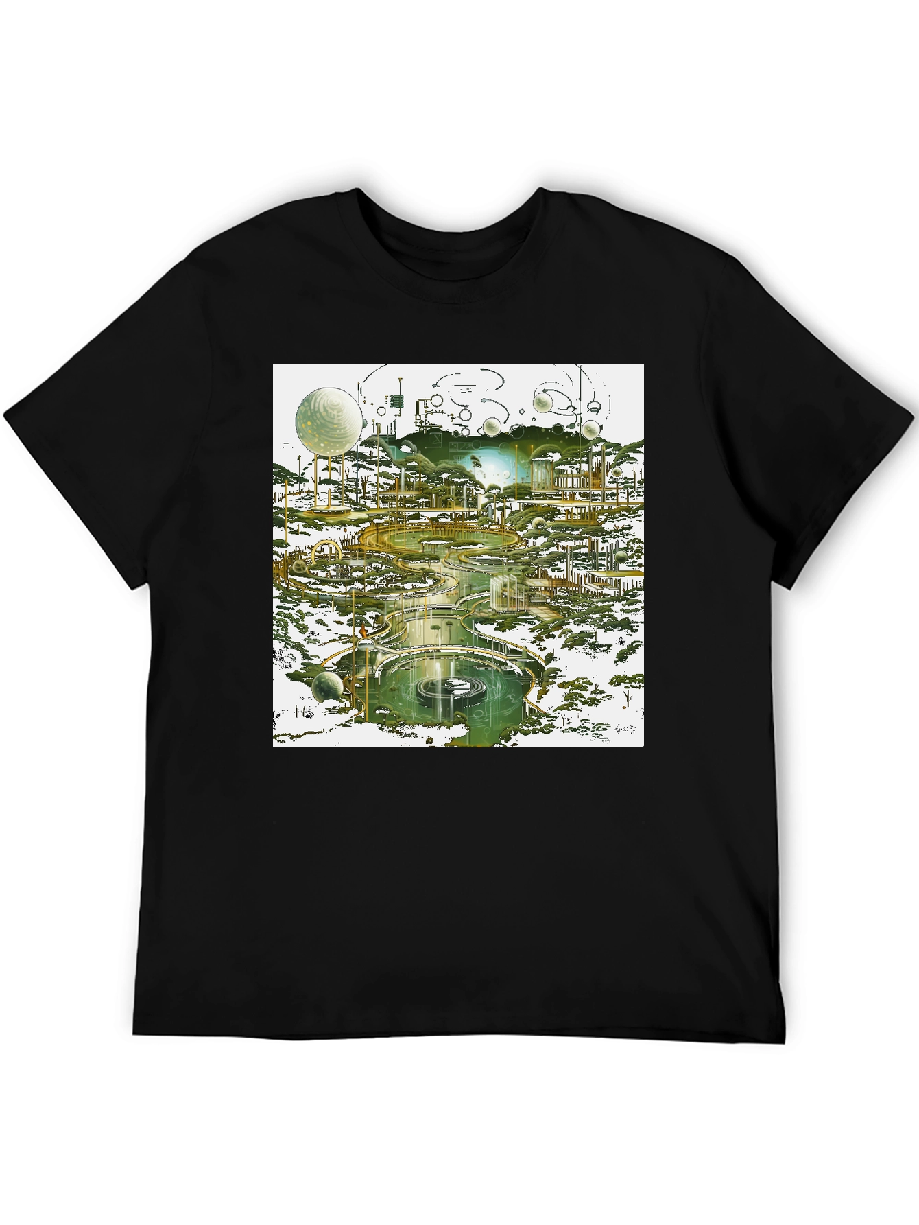 Futuristic Landscape Graphic Tee - Black Cotton