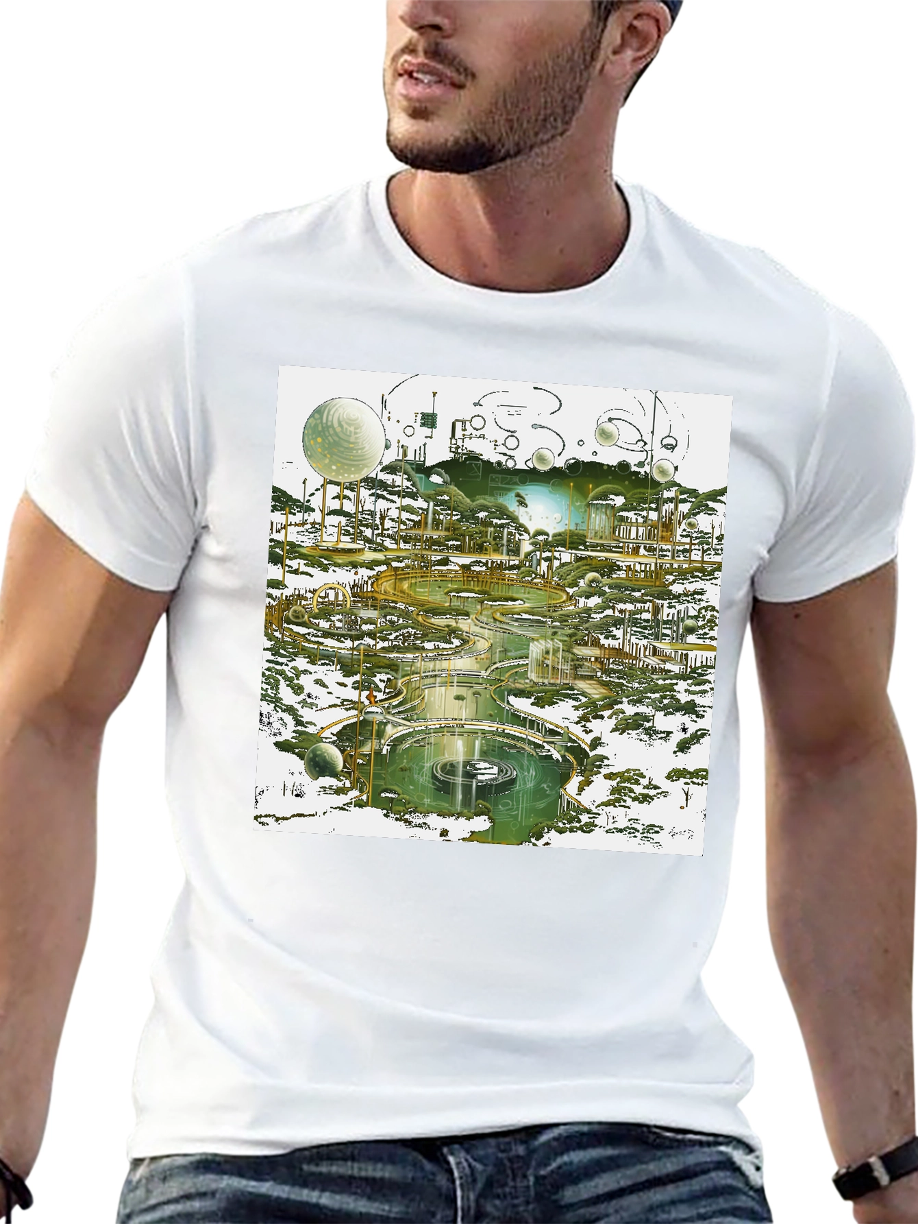 Futuristic Landscape Graphic Tee - Black Cotton