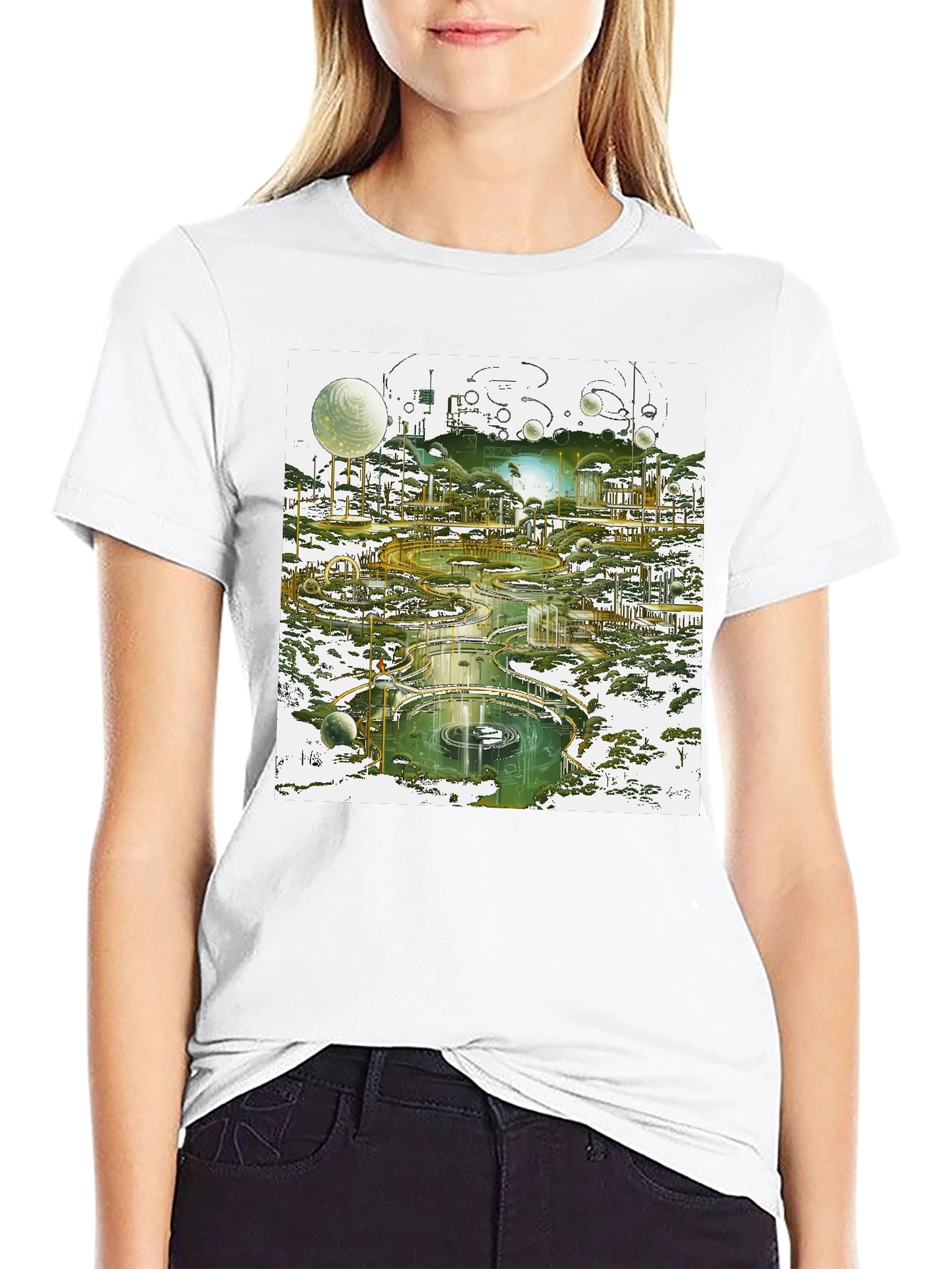 Futuristic Landscape Graphic Tee - Black Cotton